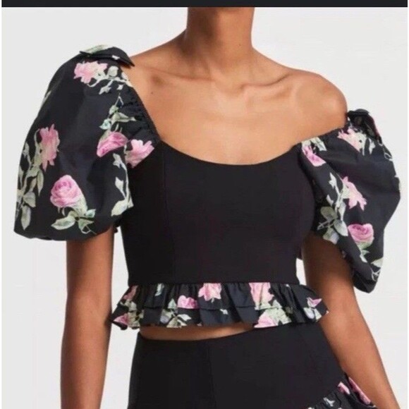 LoveShackFancy Spirit cropped floral puff sleeve stretch-jersey top size Large - Picture 1 of 6